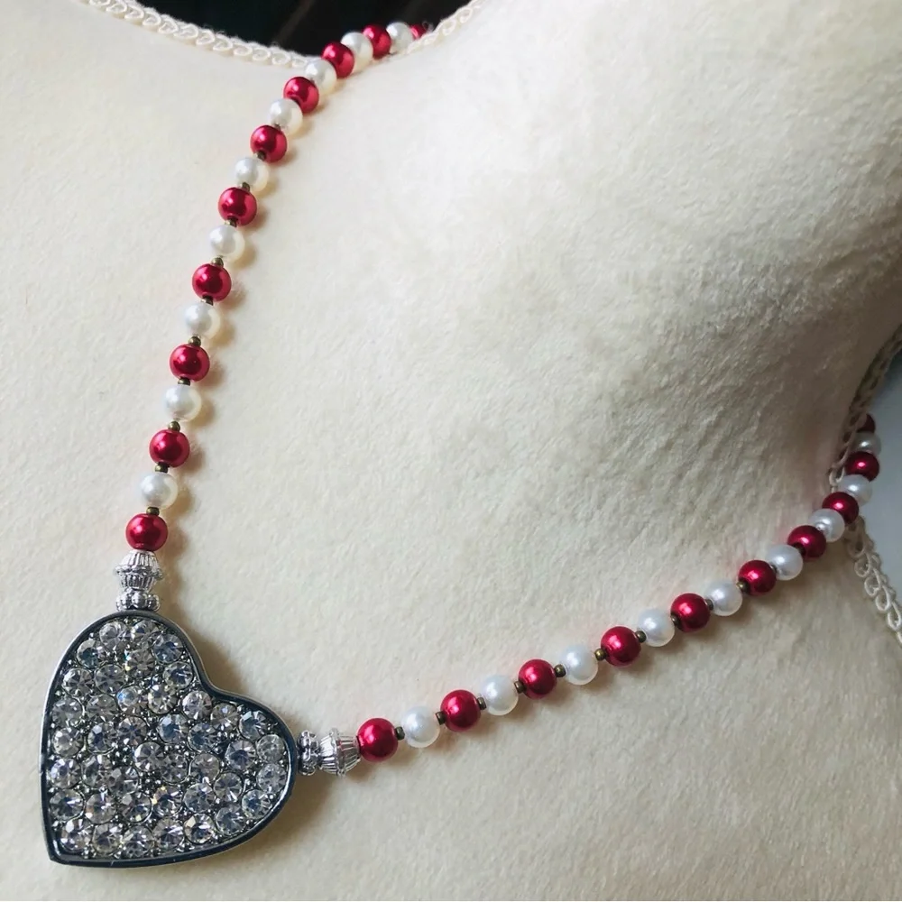 Handcrafted repurpose pave heart pendant Czech glass Pearl necklace